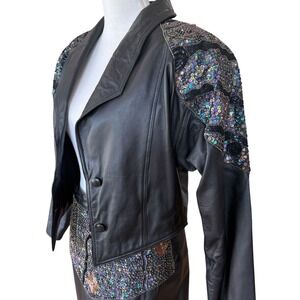 Vintage Black Leather Jacket Skirt Set Beaded Sequin Embellished Retro L